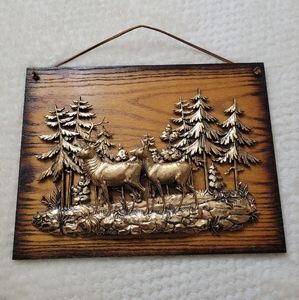 Vintage A&F Wooden Wall Plaque with 3D Faux Copper Deer Scene